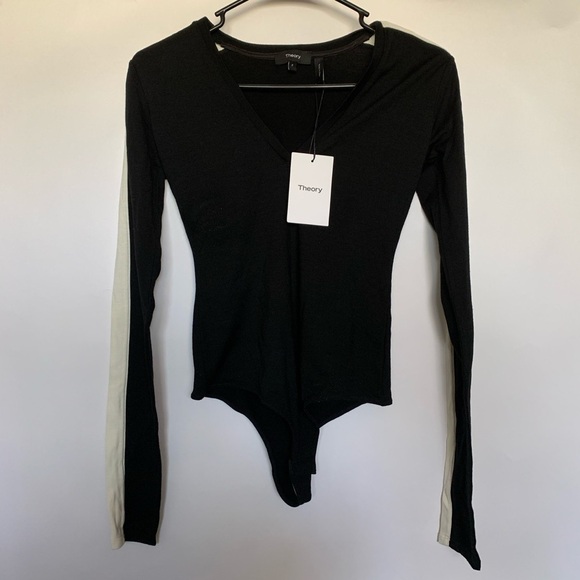 Theory Black White Wool Deep V-neck Body Suit NWT - Picture 2 of 7